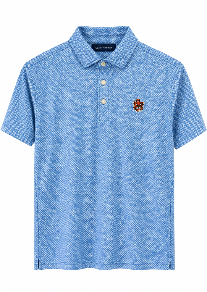 A light blue short-sleeve polo shirt with a subtle micro-pattern, featuring a three-button placket and a small embroidered crest on the left chest, displayed on a clean white background.