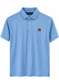 A light blue short-sleeve polo shirt with a subtle micro-pattern, featuring a three-button placket and a small embroidered crest on the left chest, displayed on a clean white background.