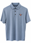 A light blue textured short-sleeve polo shirt with a three-button placket and a small embroidered logo on the left chest, displayed on a clean white background.