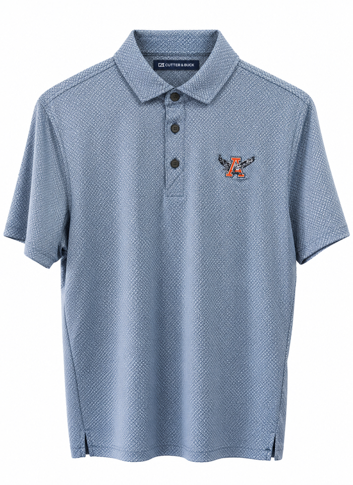 A light blue textured short-sleeve polo shirt with a three-button placket and a small embroidered logo on the left chest, displayed on a clean white background.