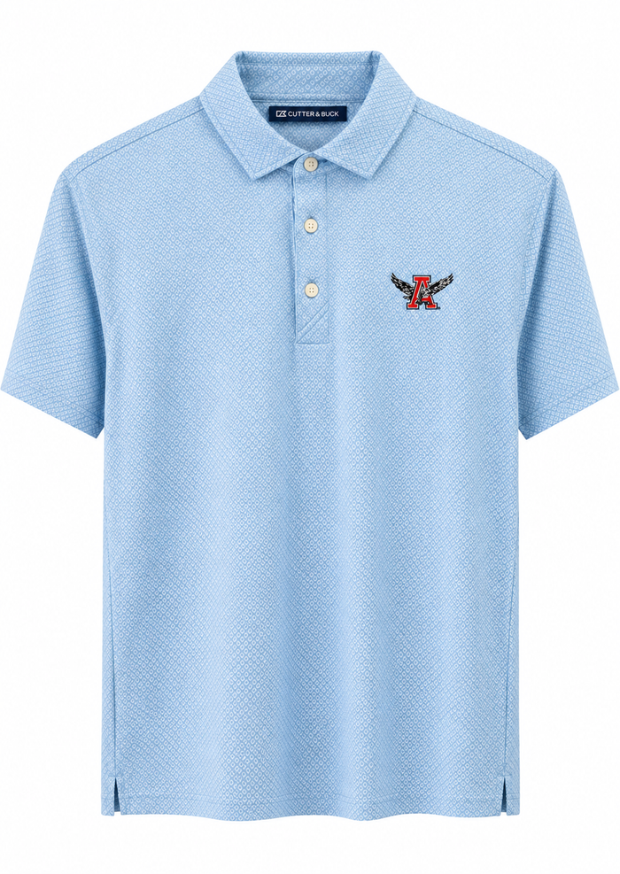 A light blue short-sleeve polo shirt with a textured piqué fabric, featuring a three-button placket and a small embroidered logo on the left chest.