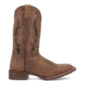 Brown cowboy boot with intricate stitching on a white background
