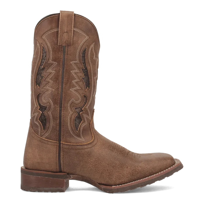 Brown cowboy boot with intricate stitching on a white background