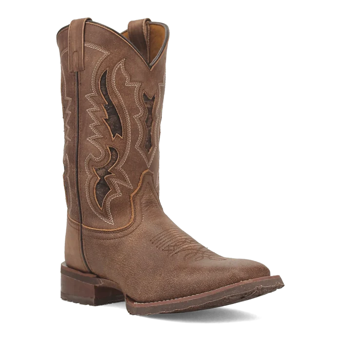 Brown cowboy boot with intricate stitching on a white background