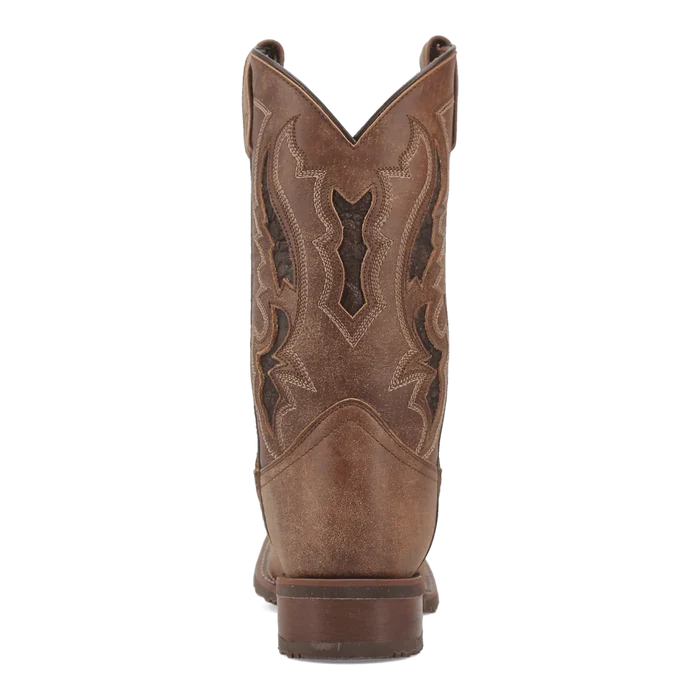 Brown cowboy boot with intricate stitching on a white background