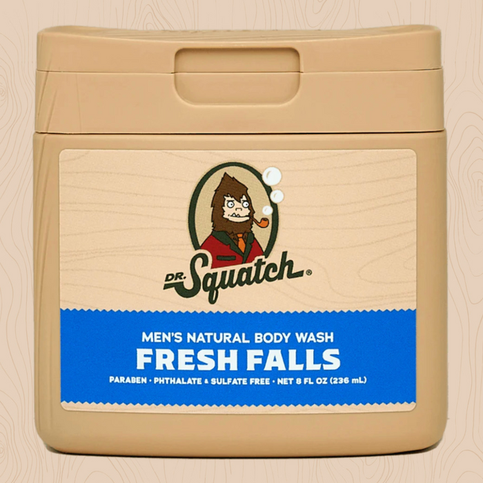Dr. Squatch men's natural body wash container on a wooden background