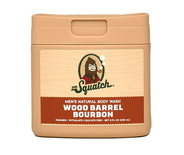 Dr. Squatch Wood Barrel Bourbon men's natural body wash container on a white background