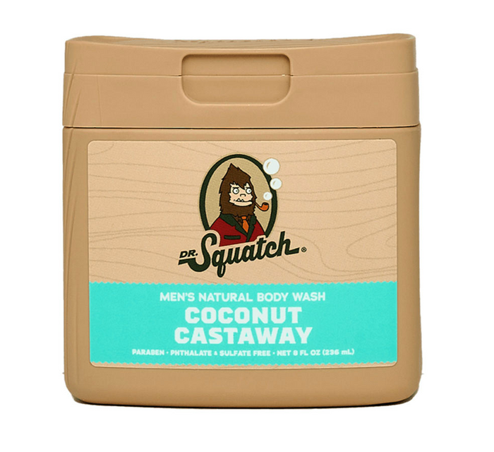 Men's natural body wash container with 'The Squatch' logo on a beige background