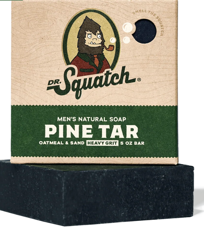 Block of pine tar soap with Dr. Squatch packaging