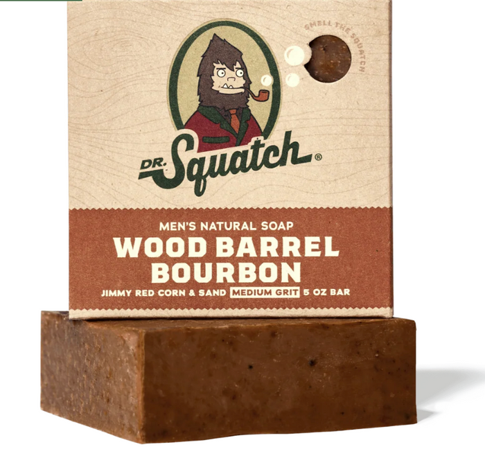 Dr. Squatch Wood Barrel Bourbon men's natural soap on a white background