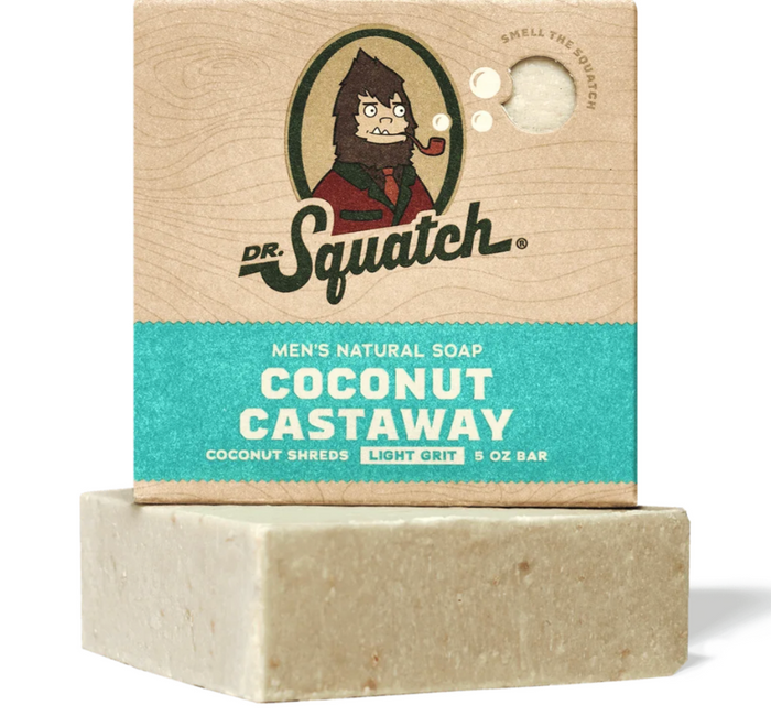 Bar of soap with Dr. Squatch packaging on a white background