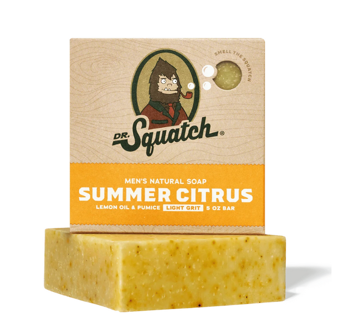 Dr. Squatch Summer Citrus soap bar with packaging on a white background