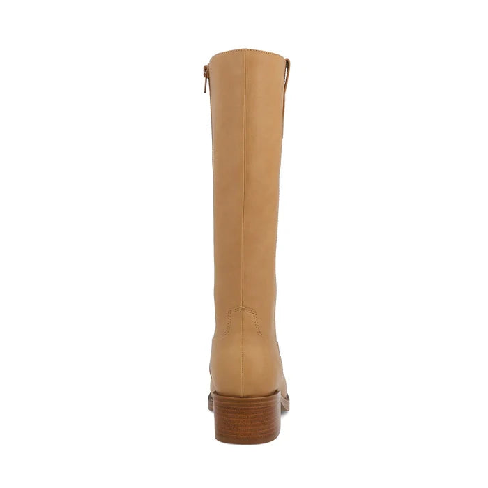 Tan knee-high boot on a white background