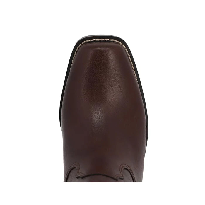 A close-up top-down view of a dark brown leather boot toe, showing the square vamp, a stitched edge, and a black outsole against a white background.