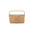 A structured woven leather handbag in tan with a top handle and a gold-tone clasp, shown against a plain white background.