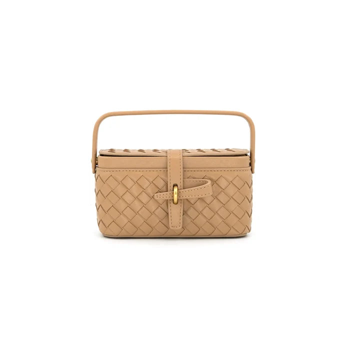 A structured woven leather handbag in tan with a top handle and a gold-tone clasp, shown against a plain white background.