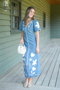 Long blue and white patterned dress