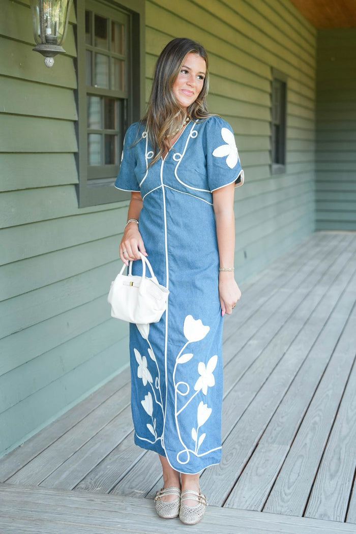Long blue and white patterned dress