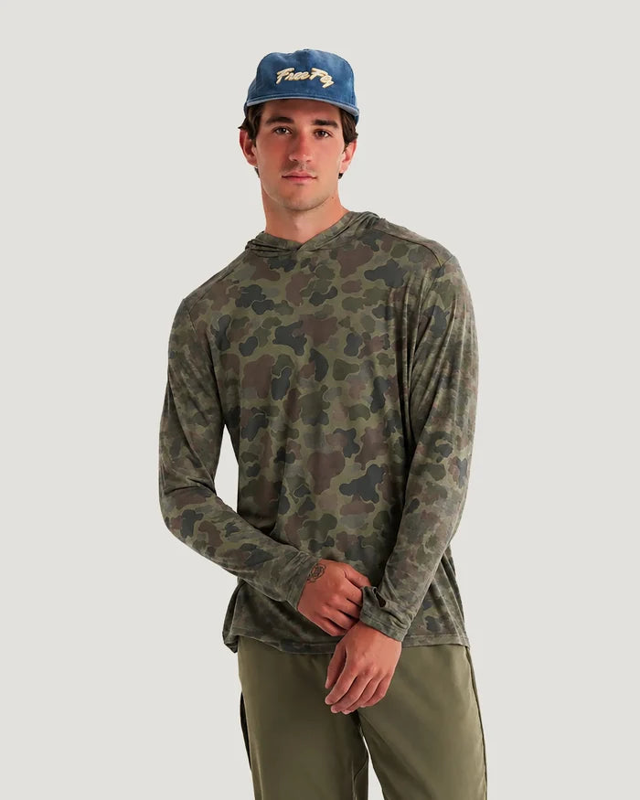 Person wearing a camouflage long-sleeve shirt and cap on a plain background
