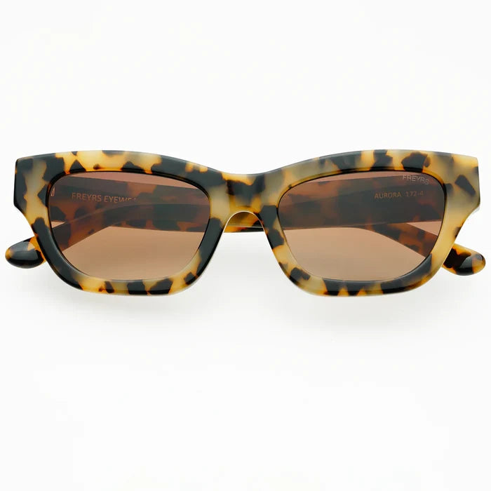 Sunglasses with tortoiseshell frame and brown lenses on a white background