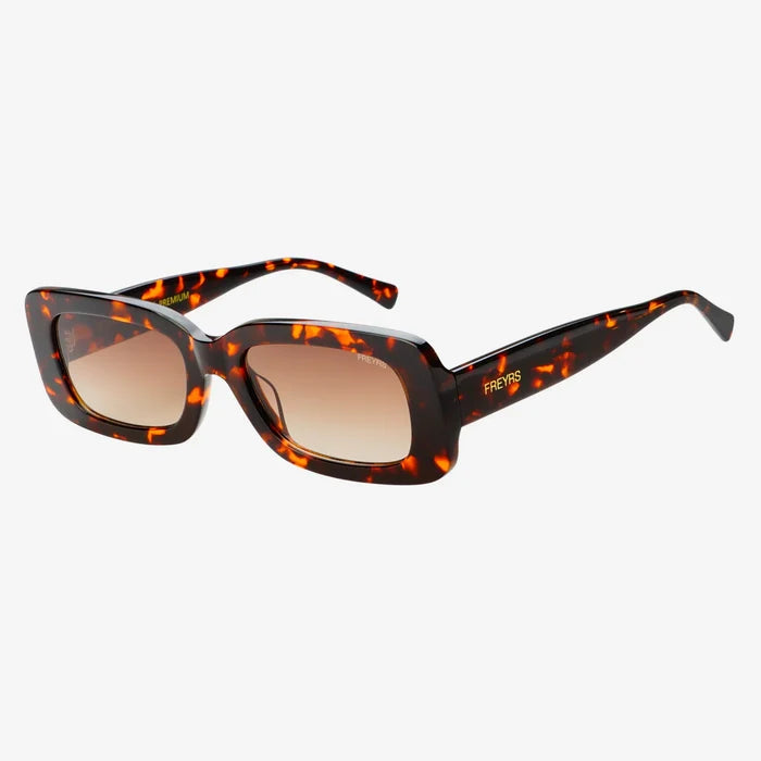 Sunglasses with tortoiseshell frame and brown lenses on a white background
