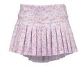 A light pink pleated mini skirt with a small pink and yellow floral print, shown against a plain white background.