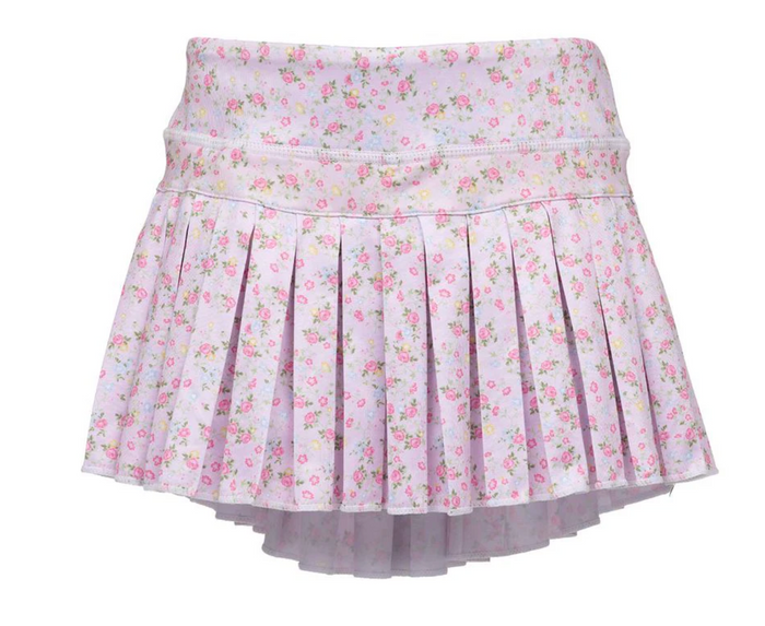 A light pink pleated mini skirt with a small pink and yellow floral print, shown against a plain white background.