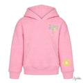 A pink pullover hoodie with a small multicolor floral embroidery on the left chest and a yellow flower embroidery on the right sleeve, shown against a plain white background.