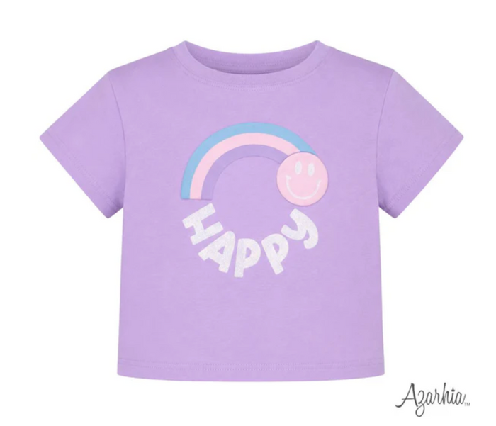 A lavender purple short-sleeve baby t-shirt featuring a pastel rainbow graphic with a smiling face and the word 'HAPPY' in white bubble letters, shown on a plain white background with the brand name 'Agarkia' in the bottom right corner.