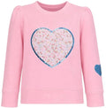 A pink long-sleeve sweatshirt for girls, featuring a large sequined heart on the chest with a floral pattern and a smaller heart on the sleeve.