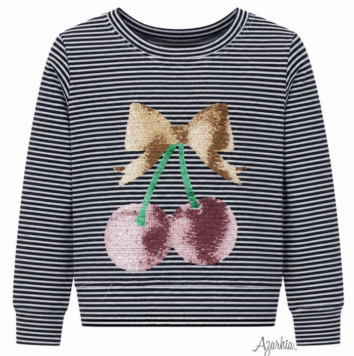 A kids' long-sleeve crewneck sweatshirt featuring navy and white horizontal stripes, with a sequined cherry graphic on the front showing a gold bow and pink cherries.