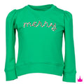 Green longsleeve with sequin "merry" lettering