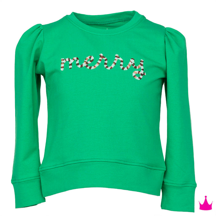 Green longsleeve with sequin "merry" lettering