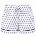 White drawstring shorts covered in a colorful pattern of outlined stars in pink, blue, yellow, and purple, finished with dark piping along the hem.