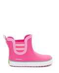Pink rain boot with a white sole on a white background