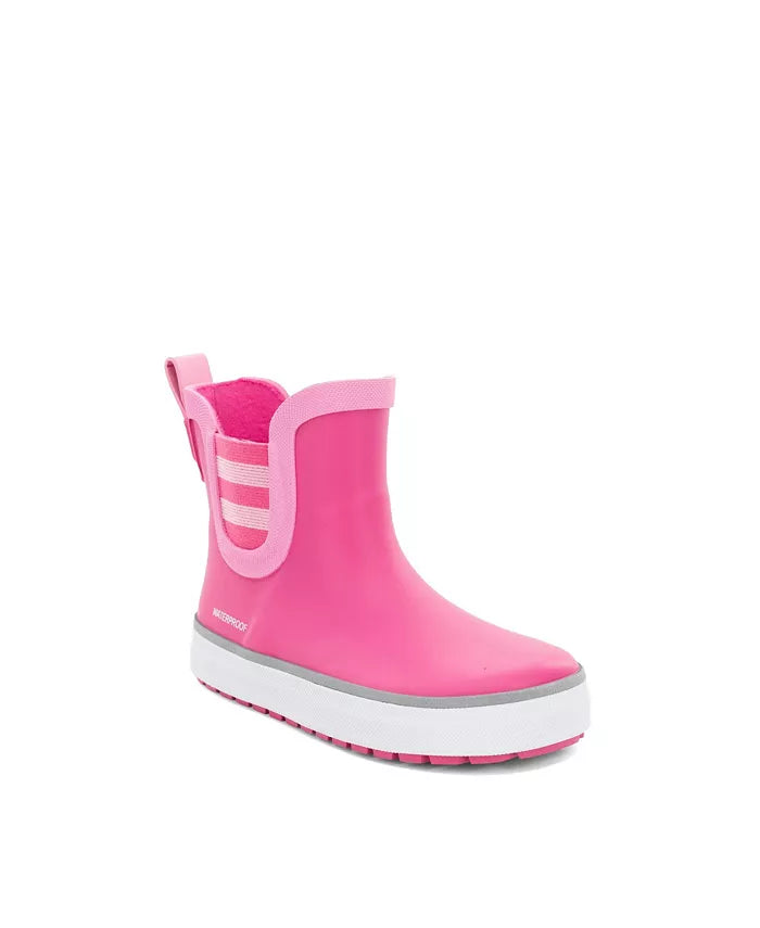Pink rain boot with white sole on a white background