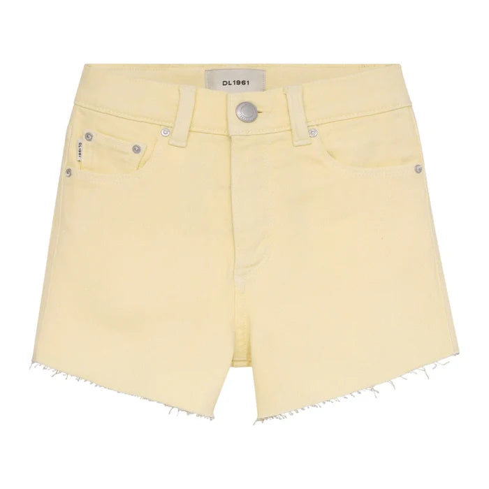 Light yellow denim shorts with frayed hem on a white background