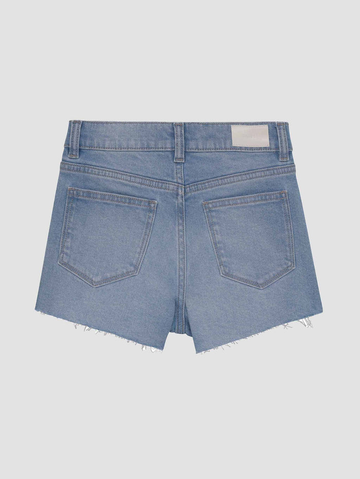 Back view of light blue denim shorts on a white background