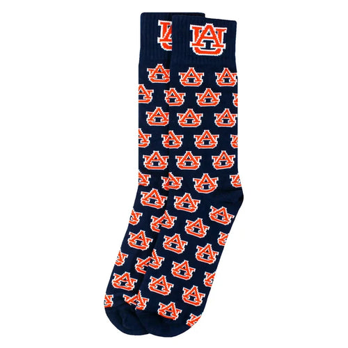 A single navy blue crew sock with an all-over repeating pattern of the Auburn Tigers logo, featuring a white and orange 'UA' logo on the cuff.