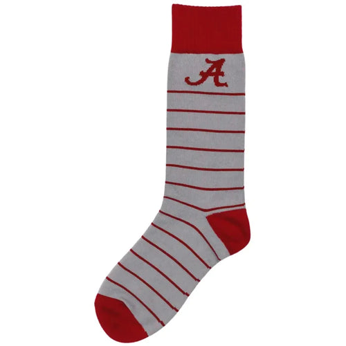 A single gray crew sock with thin red horizontal stripes, a solid red cuff, red toe, and red heel, featuring a red embroidered script letter 'A' near the top. The sock is displayed on a clean white background.