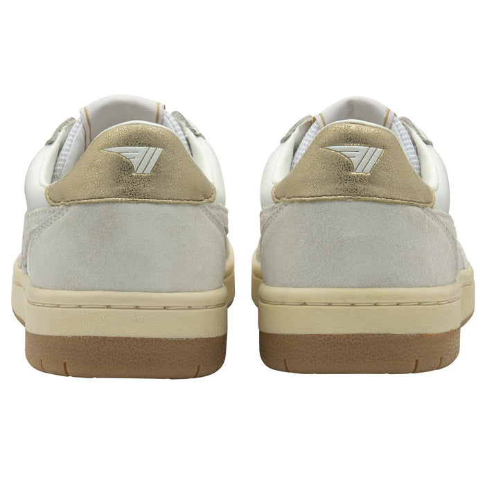Pair of beige and white sneakers with a brand logo on a white background