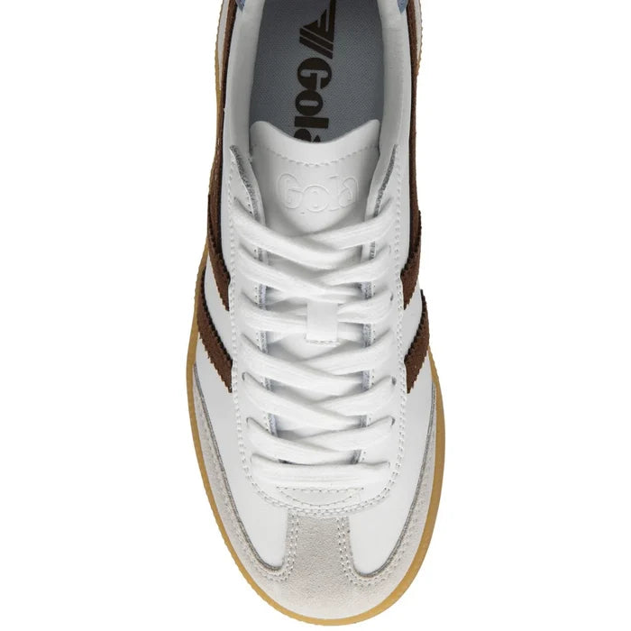 White sneaker with brown accents on a white background