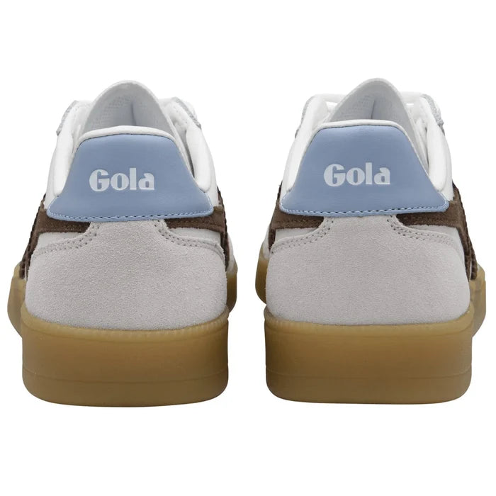 A pair of Gola brand low-top sneakers shown from the back, featuring a light gray suede upper, a light blue heel tab with white 'Gola' branding, brown side panels, and a gum rubber sole.