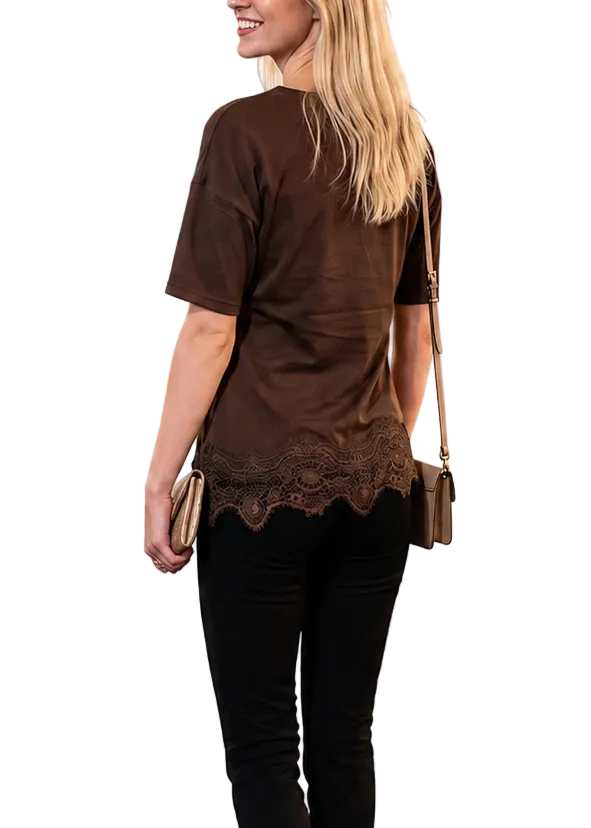 A woman shown from the back wearing a brown short-sleeve top with a scalloped lace hem, black skinny pants, and brown high-heeled sandals, standing against a white background with a faint checkerboard pattern.