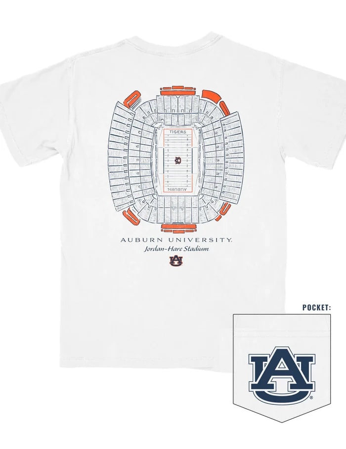 White t-shirt with stadium seating chart and Auburn University logo on a white background