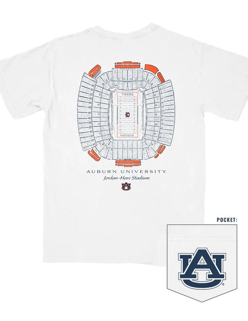 White t-shirt with stadium seating chart and Auburn University logo on a white background