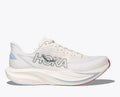 White running shoe with blue accents on a white background