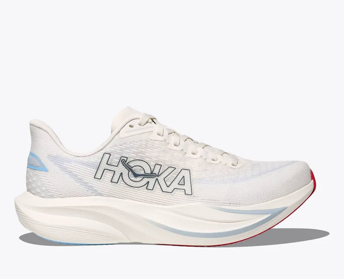 White running shoe with blue accents on a white background