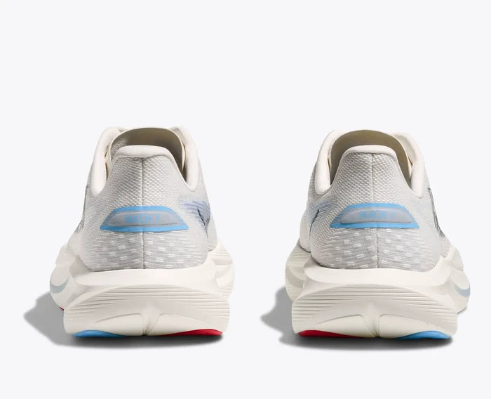 White running shoes with blue accents on a white background