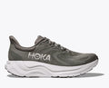 Gray running shoe with white sole on a light gray background
